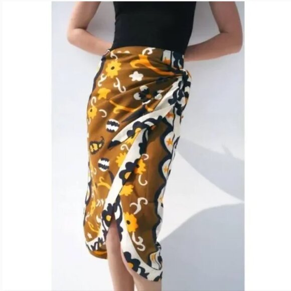 Zara Linen Blend Tribal Print Wrap Sarong Skirt Size Small - Picture 11 of 11